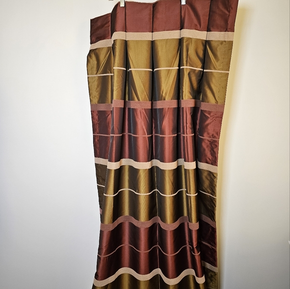 Two custom panels burgundy bronze striped tafetta pleated lined drapes 48x84.5". - Picture 5 of 6